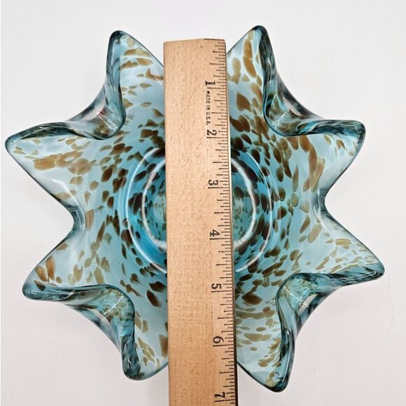 Art Glass Ruffle Bowl Dish Blue Aqua Brown Splatters Murano-like Star Fish - Picture 9 of 12